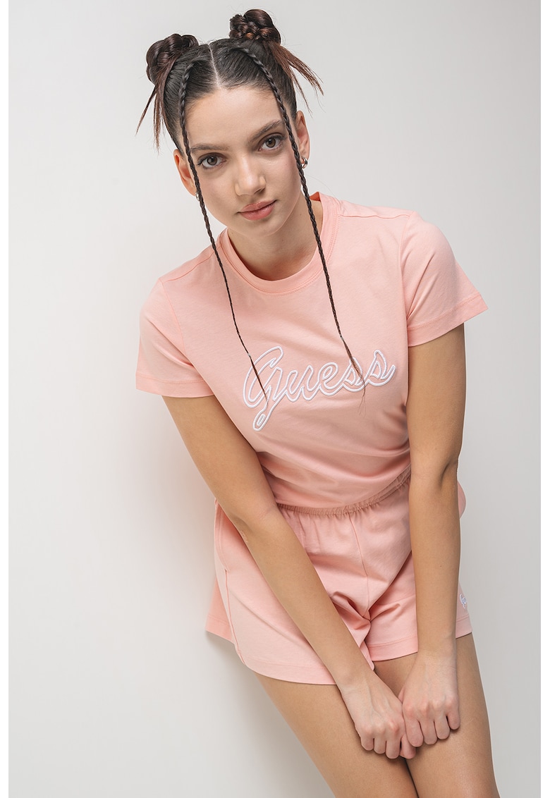 Tricou din bumbac cu decolteu la baza gatului - Roz deschis