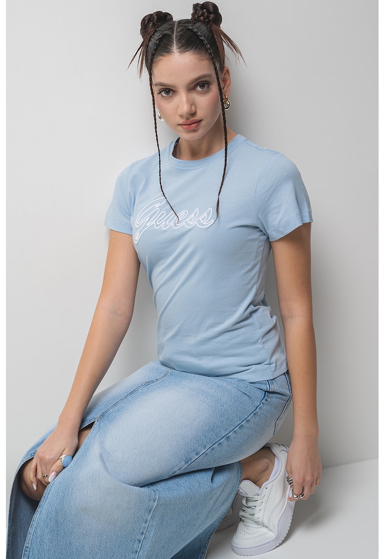 Tricou din bumbac cu decolteu la baza gatului - Albastru deschis