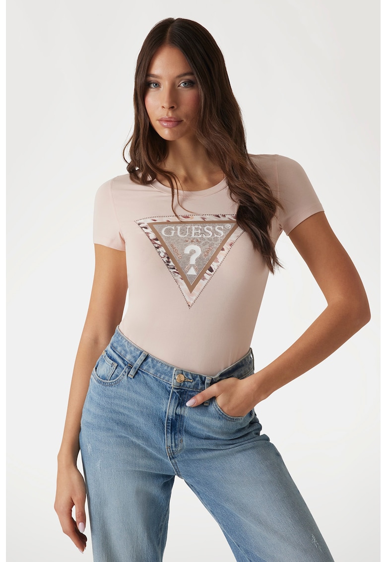 Tricou cu decolteu rotund si imprimeu logo - Alb murdar/Roz prafuit