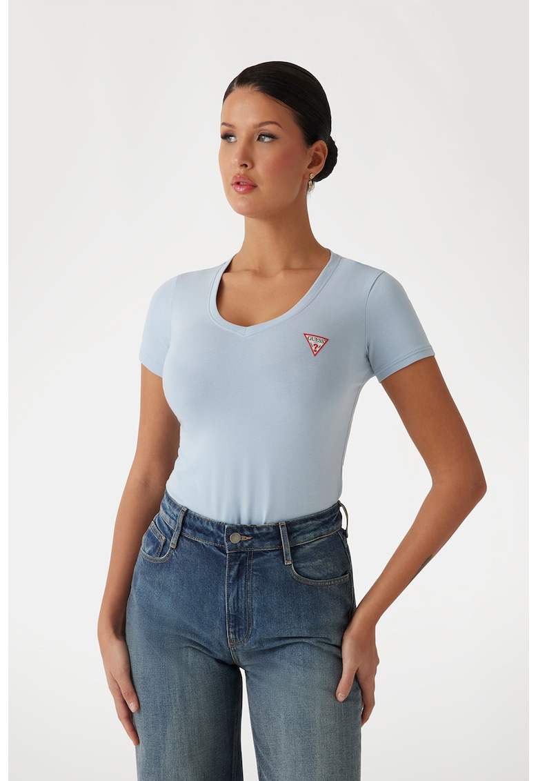 Tricou slim fit cu decolteu in V - Albastru deschis