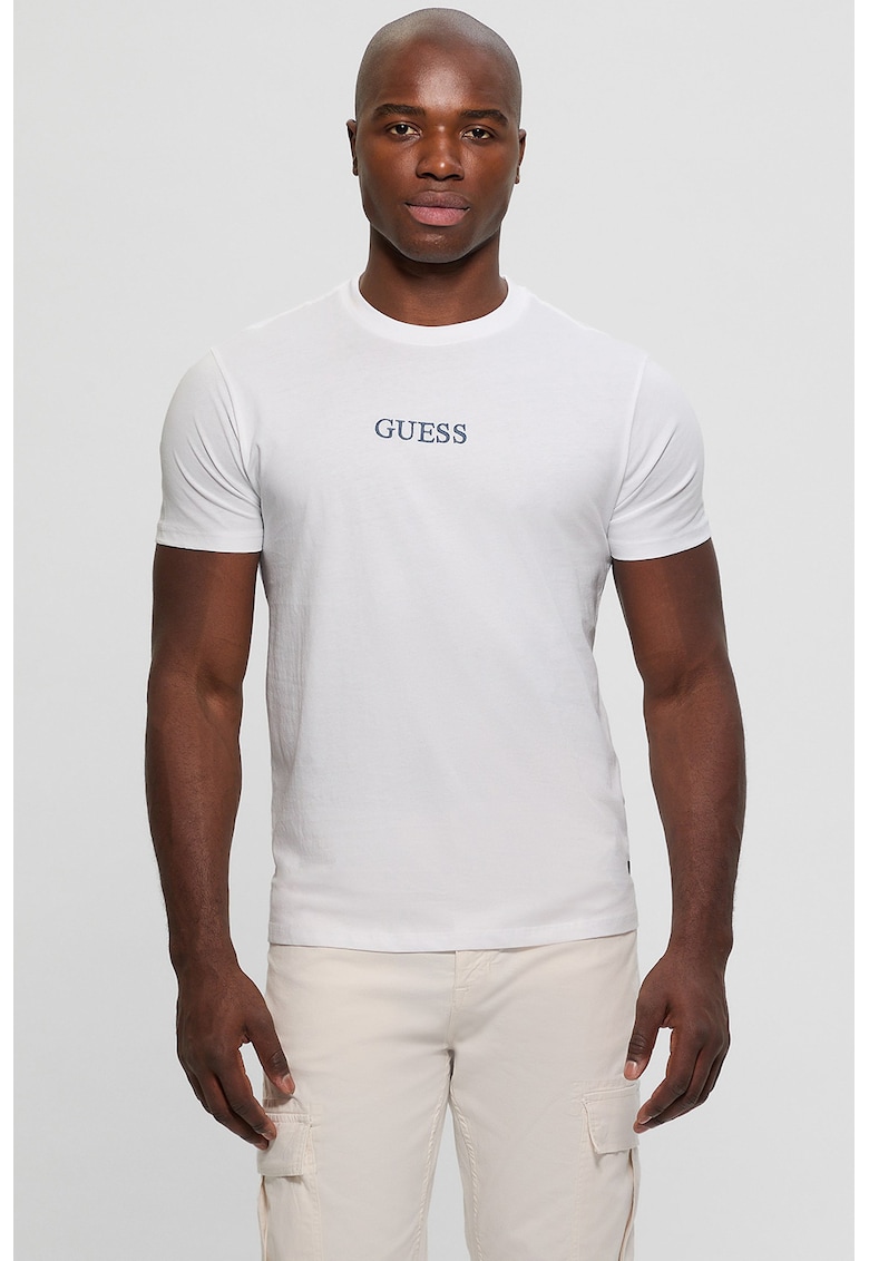 Tricou cu decolteu la baza gatului si imprimeu - Alb/Albastru