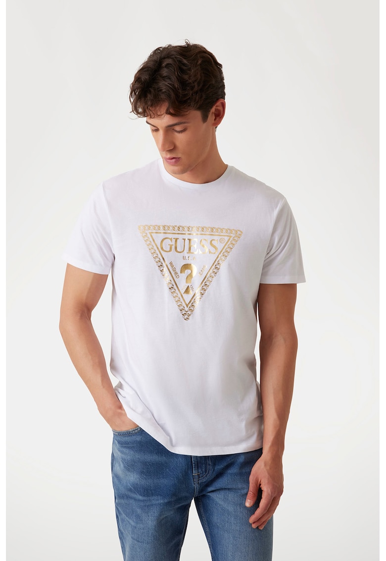 Guess Tricou de bumbac cu imprimeu logo - Alb/Auriu