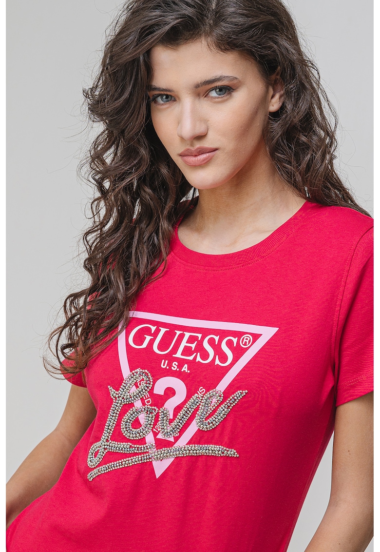 Tricou de bumbac cu strasuri - Fucsia/Argintiu