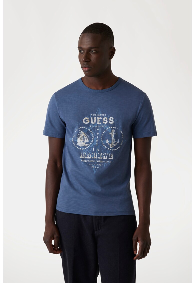 Tricou din bumbac si imprimeu logo - Albastru inchis/Alb murdar