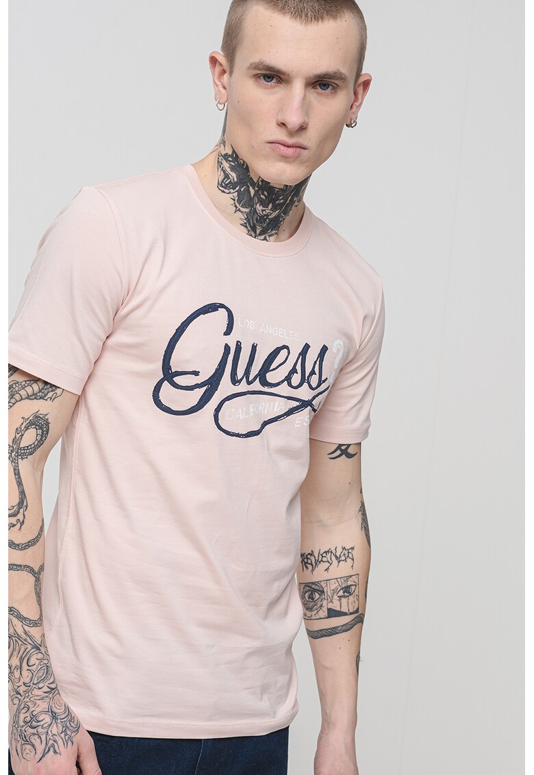 Tricou cu imprimeu logo si decolteu la baza gatului