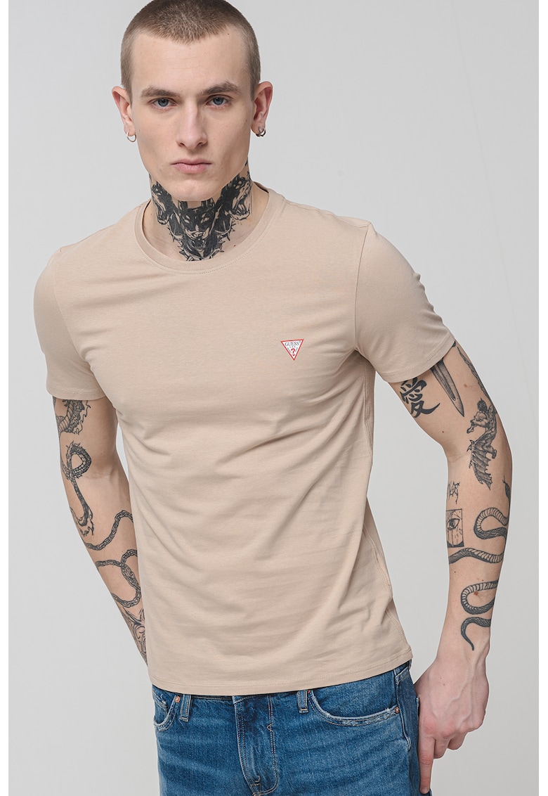 Tricou slim-fit cu decolteu la baza gatului - Bej deschis