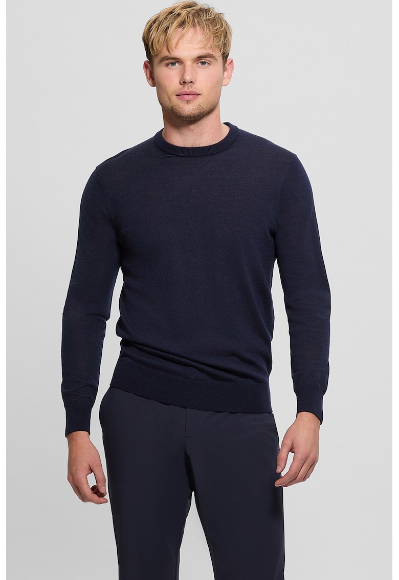 Pulover de lana cu mansete elastice - Bleumarin