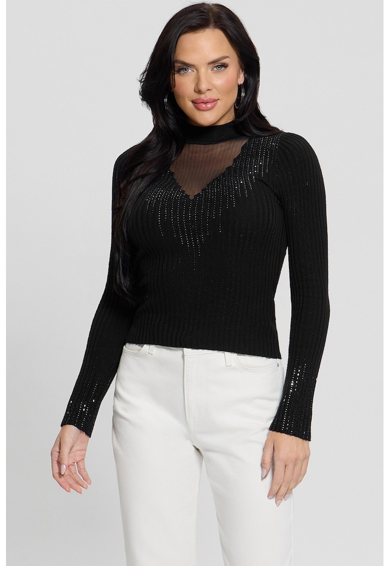 Pulover striat cu strasuri - Negru