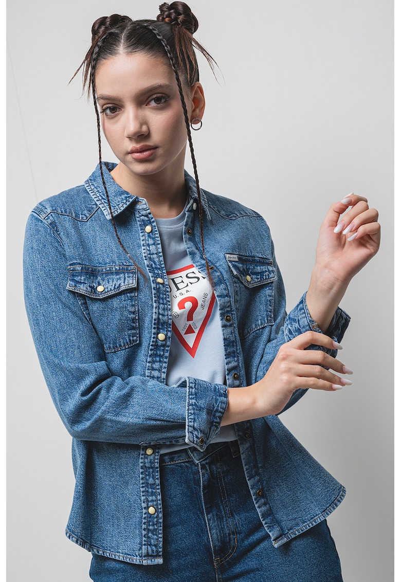 Camasa din denim cu buzunare cu clapa - Albastru melange