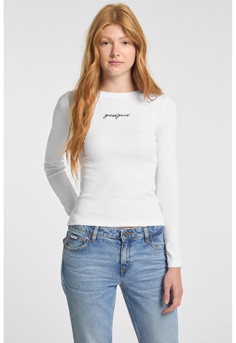 Bluza slim fit striata cu logo - Alb