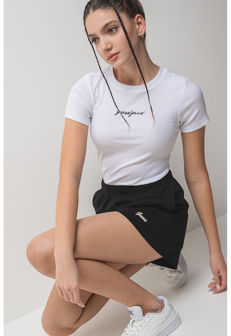 Tricou cu logo si decolteu la baza gatului - Alb