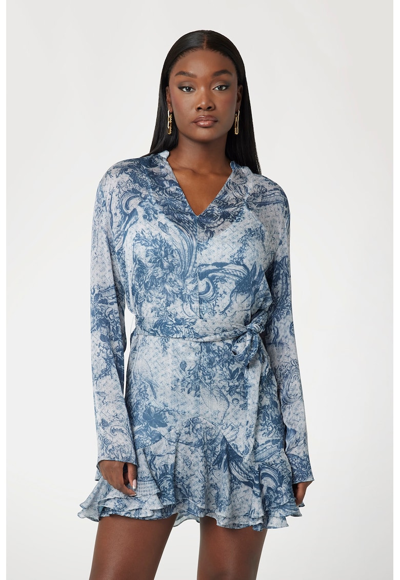 Rochie cu croiala in A - imprimeu si decolteu in V - Albastru lavanda/Transparent