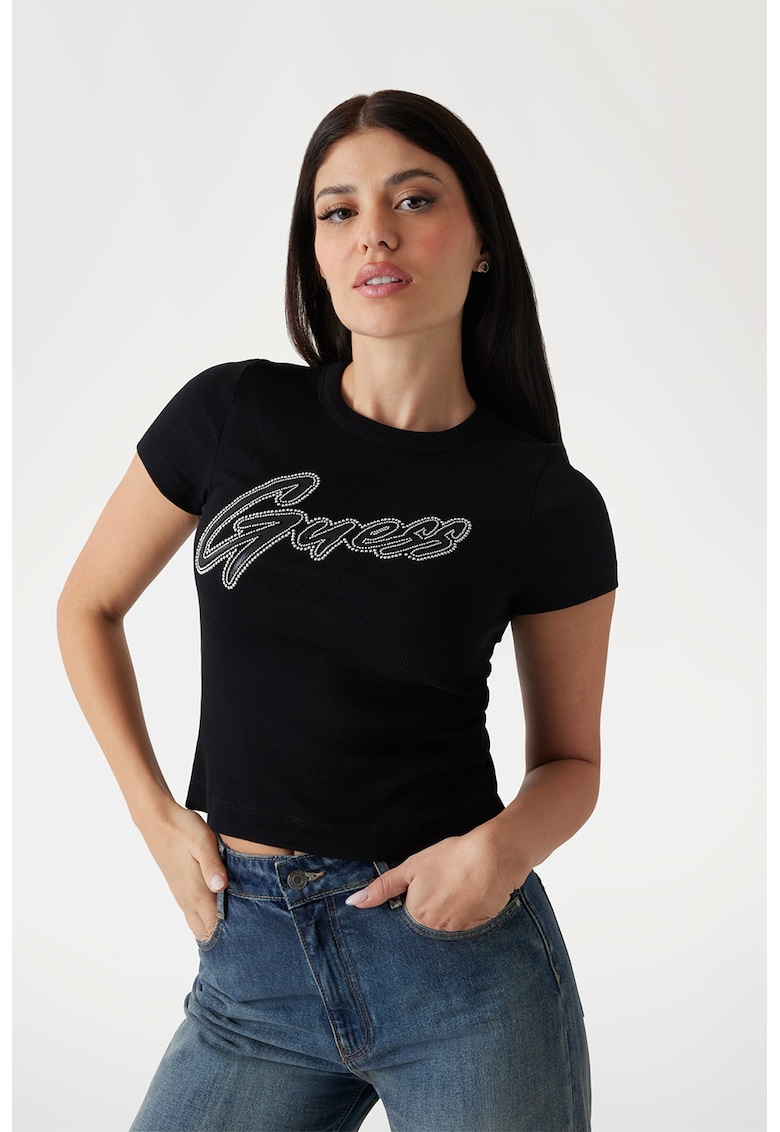 Guess Tricou din amestec de bumbac cu aplicatii cu strasuri - Negru