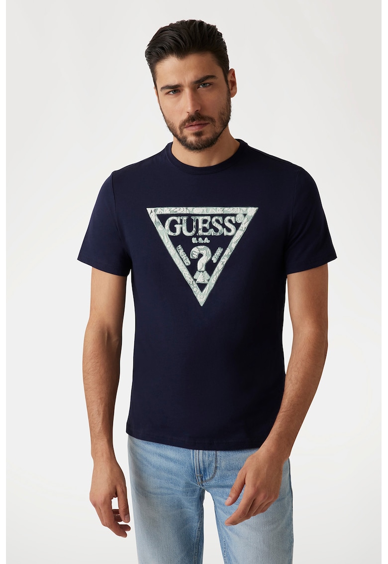 Tricou slim fit cu imprimeu logo - Gri cenusiu/Bleumarin