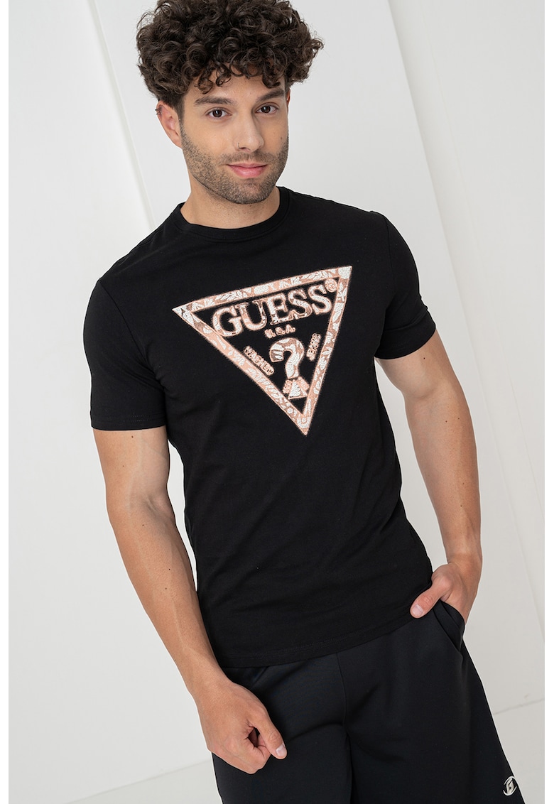Tricou slim fit cu imprimeu logo - Negru/Roz somon
