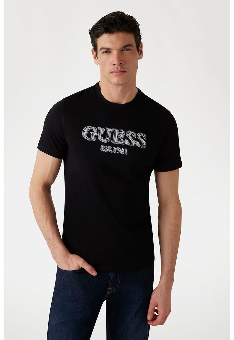 Guess Tricou cu decolteu la baza gatului si imprimeu logo - Alb fildes/Negru/Albastru prafuit