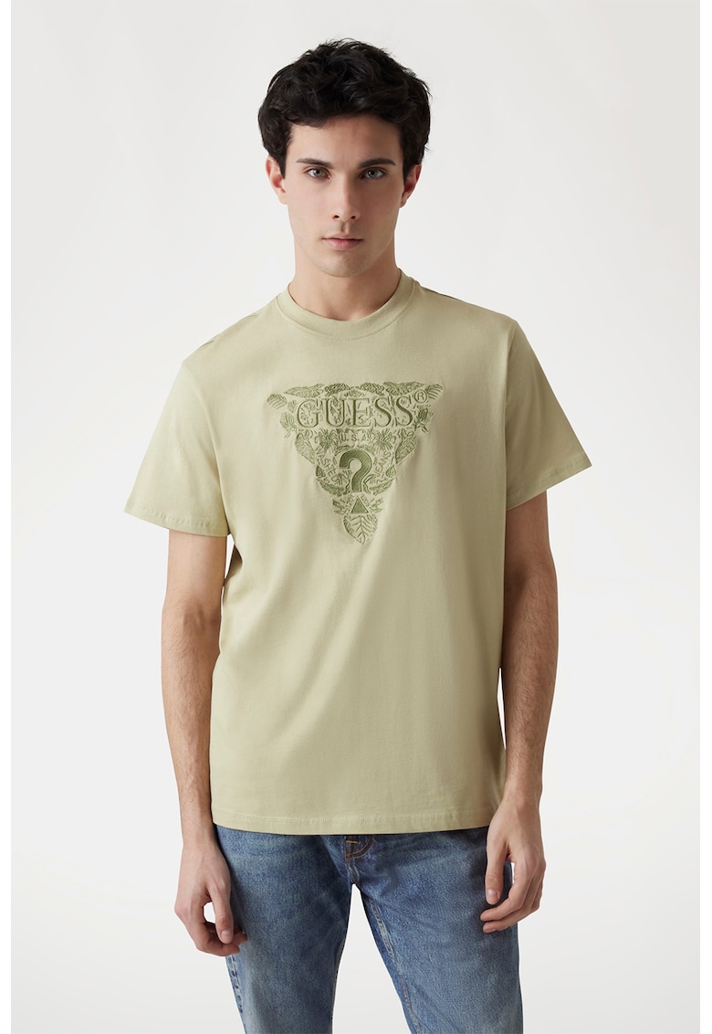 Tricou cu decolteu la baza gatului si logo brodat - Galben murdar