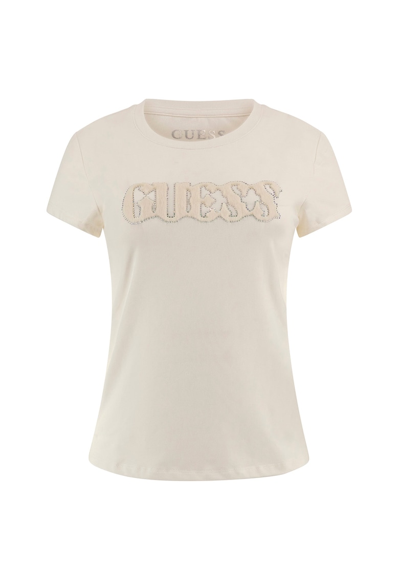 Tricou cu decolteu la baza gatului si logo - Crem