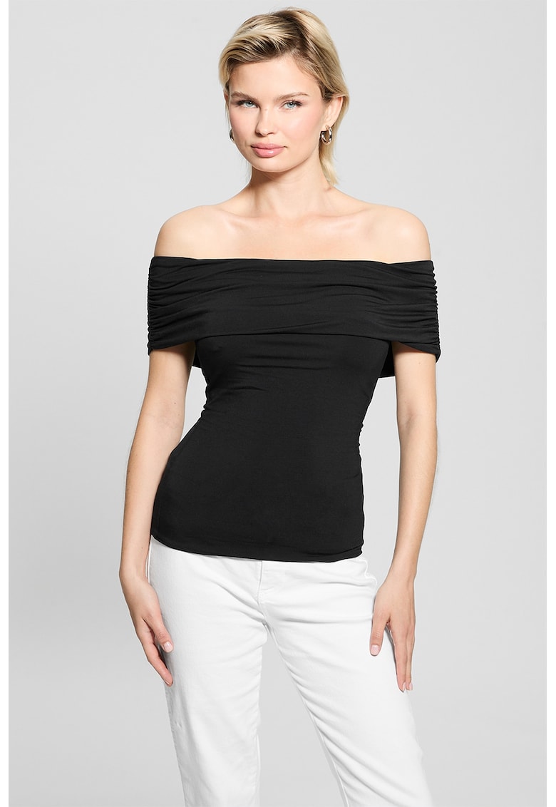 Tricou din amestec de modal cu decolteu pe umeri - Negru