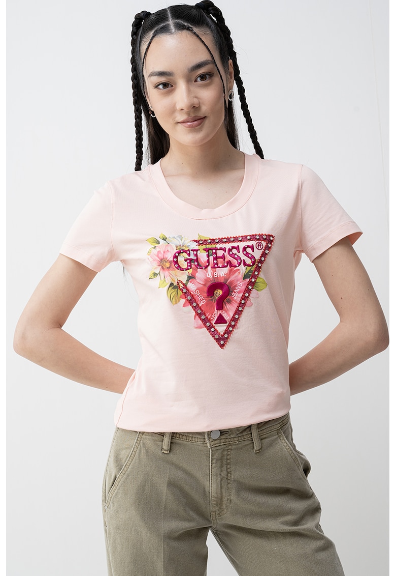 Tricou cu imprimeu - logo in relief si aplicatii cu strasuri