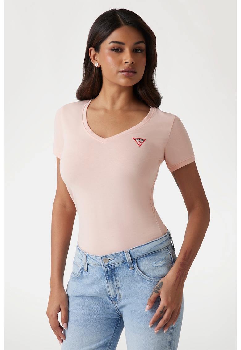 Tricou slim fit cu decolteu in V - Piersica