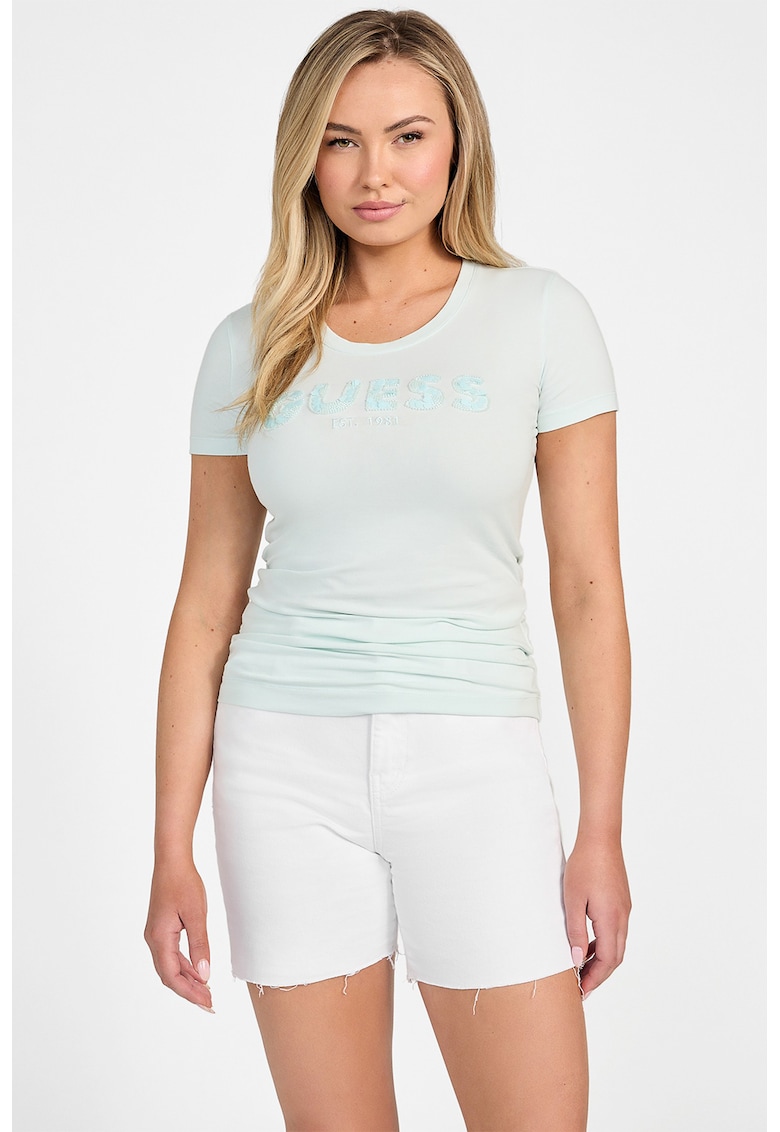 Tricou slim fit cu logo - Albastru aquamarin/Verde pal