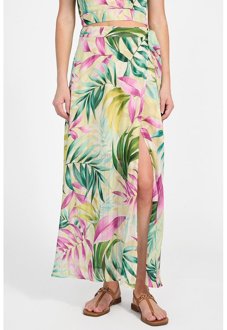 Fusta maxi cu model tropical - Galben pal/Roz/Verde persan
