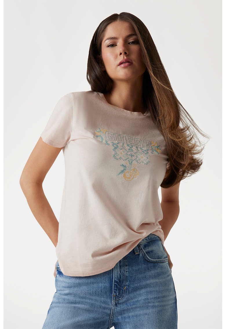 Tricou regular fit cu logo - Turcoaz/Piersica