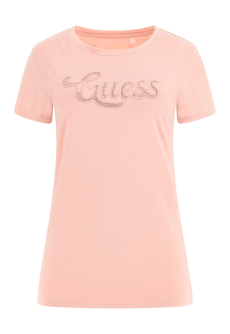 Tricou cu decolteu la baza gatului si logo pe piept - Piersica