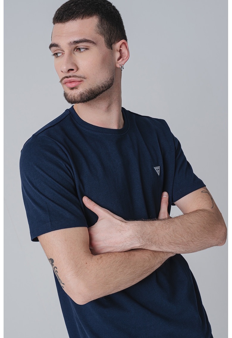 Tricou de bumbac cu decolteu la baza gatului - Bleumarin