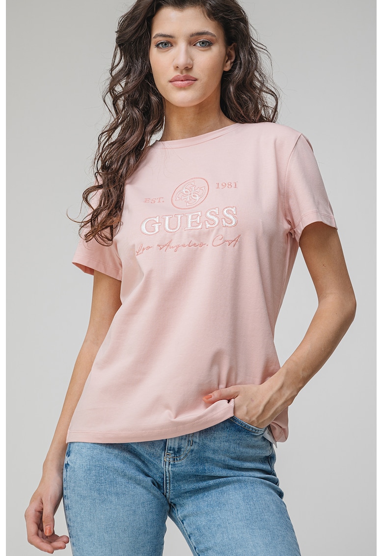 Tricou cu decolteu la baza gatului si logo brodat - Roz pal