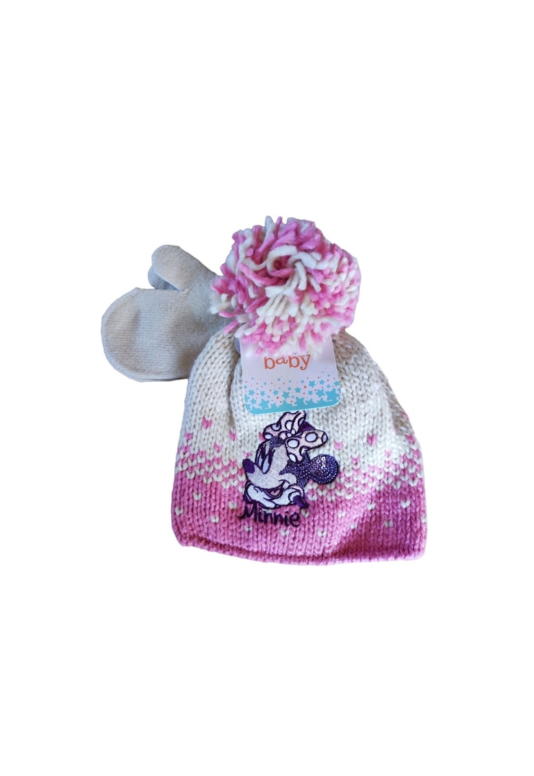 Set caciula si manusi Minnie - ecru - material acril - pentru