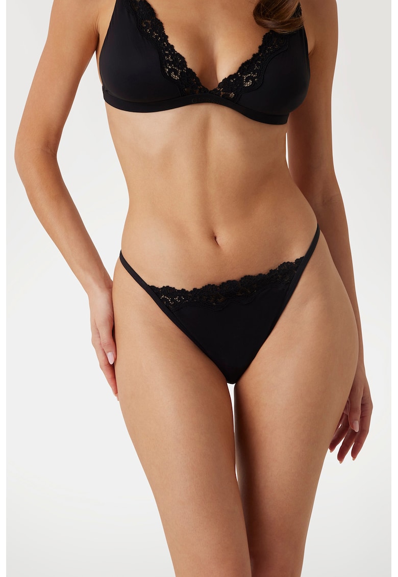 Chiloti tanga cu gernituri din dantela - Negru