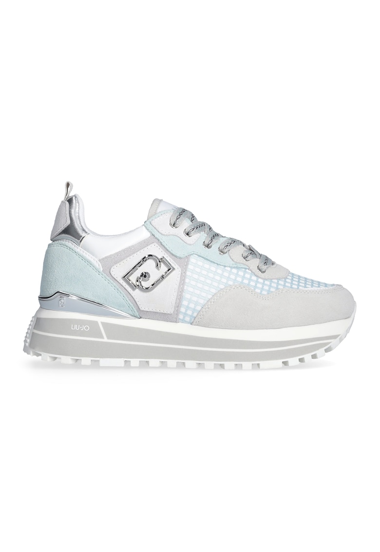 Pantofi sport din piele intoarsa cu talpa wedge si straturi exterioare din material textil - Gri deschis/Albastru deschis