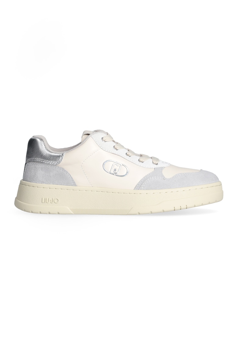 Pantofi sport din piele cu insertii din piele intoarsa - Gri deschis/Crem