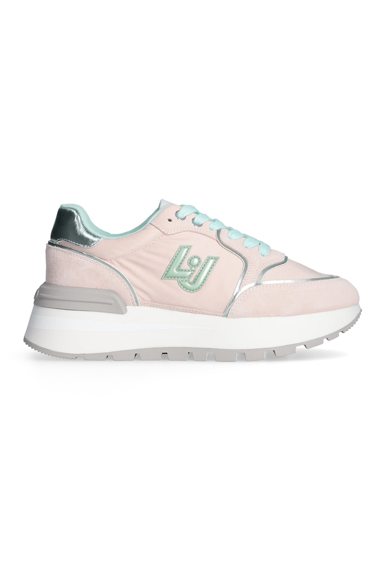 Pantofi sport din piele cu sireturi si platforma - Turcoaz/Roz