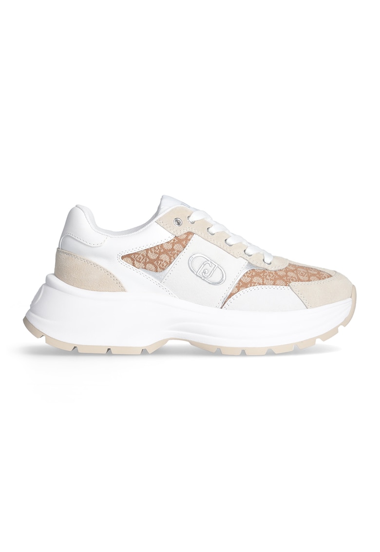 Pantofi sport din piele si material textil cu segmente logo - Alb/Maro/Bej
