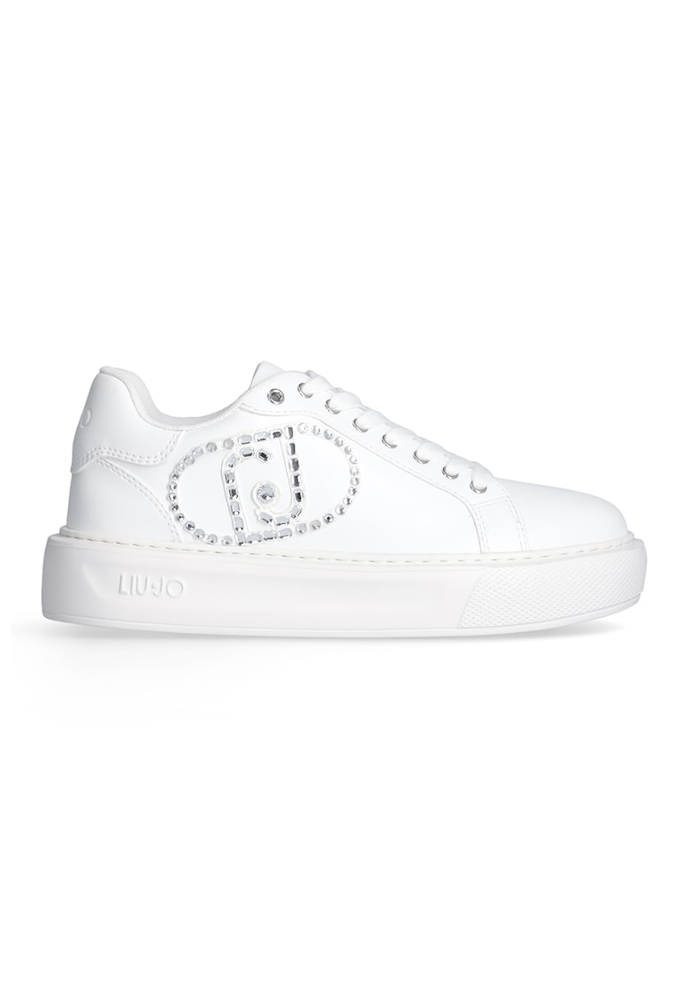 Pantofi sport din piele ecologica cu platforma si logo cu strasuri - Alb/Argintiu