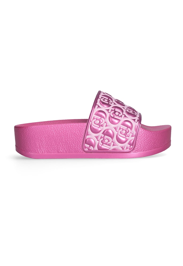 Papuci din piele ecologica cu platforma si logo - Fucsia