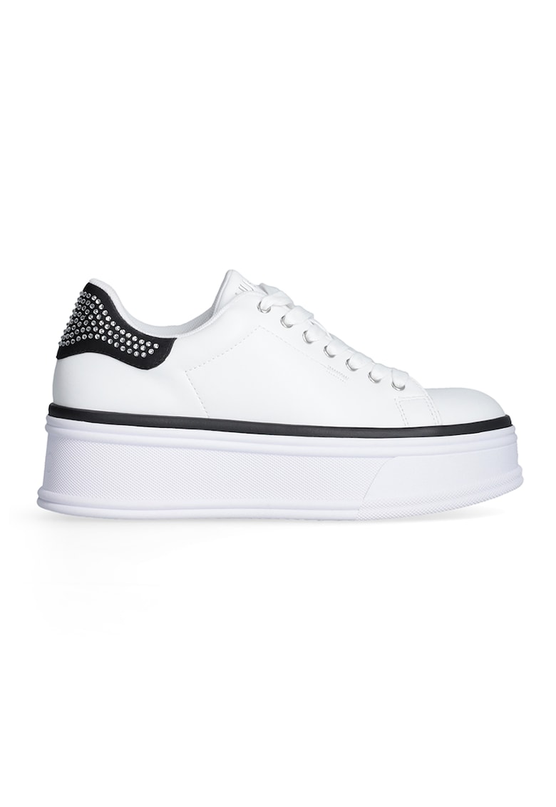 Pantofi sport din piele cu platforma si strasuri - Alb/Negru
