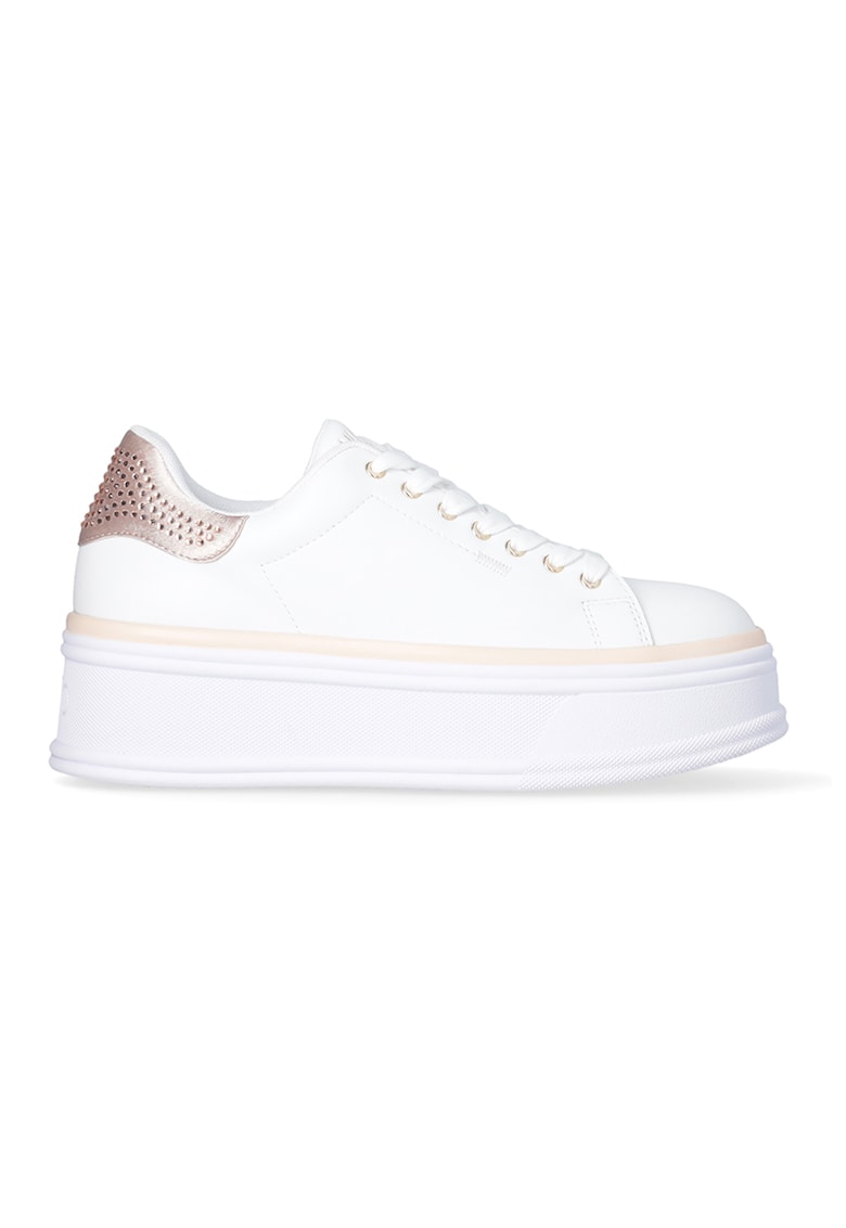 Pantofi sport din piele cu platforma si strasuri - Alb/Roz
