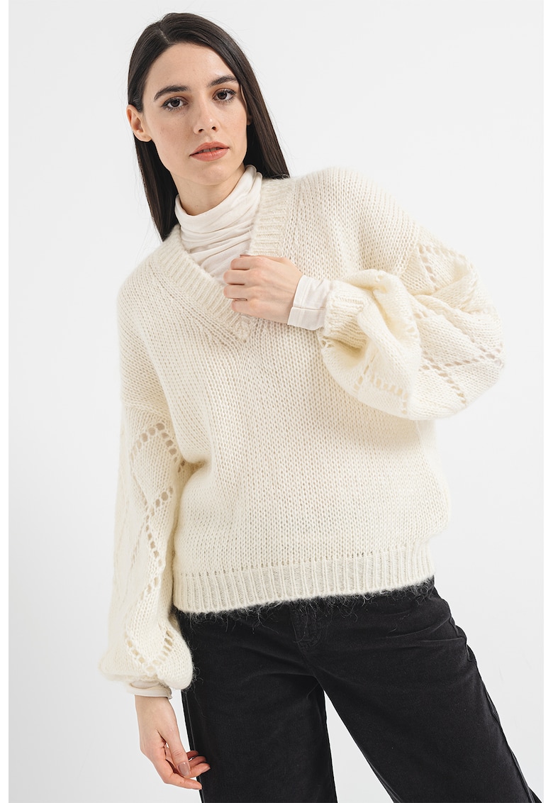 Pulover din amestec de mohair cu decolteu in V si maneci cazute