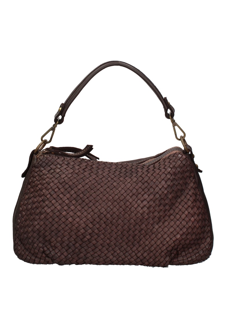 Geanta de piele cu bareta de umar si aspect cu aplicatii - Maro inchis