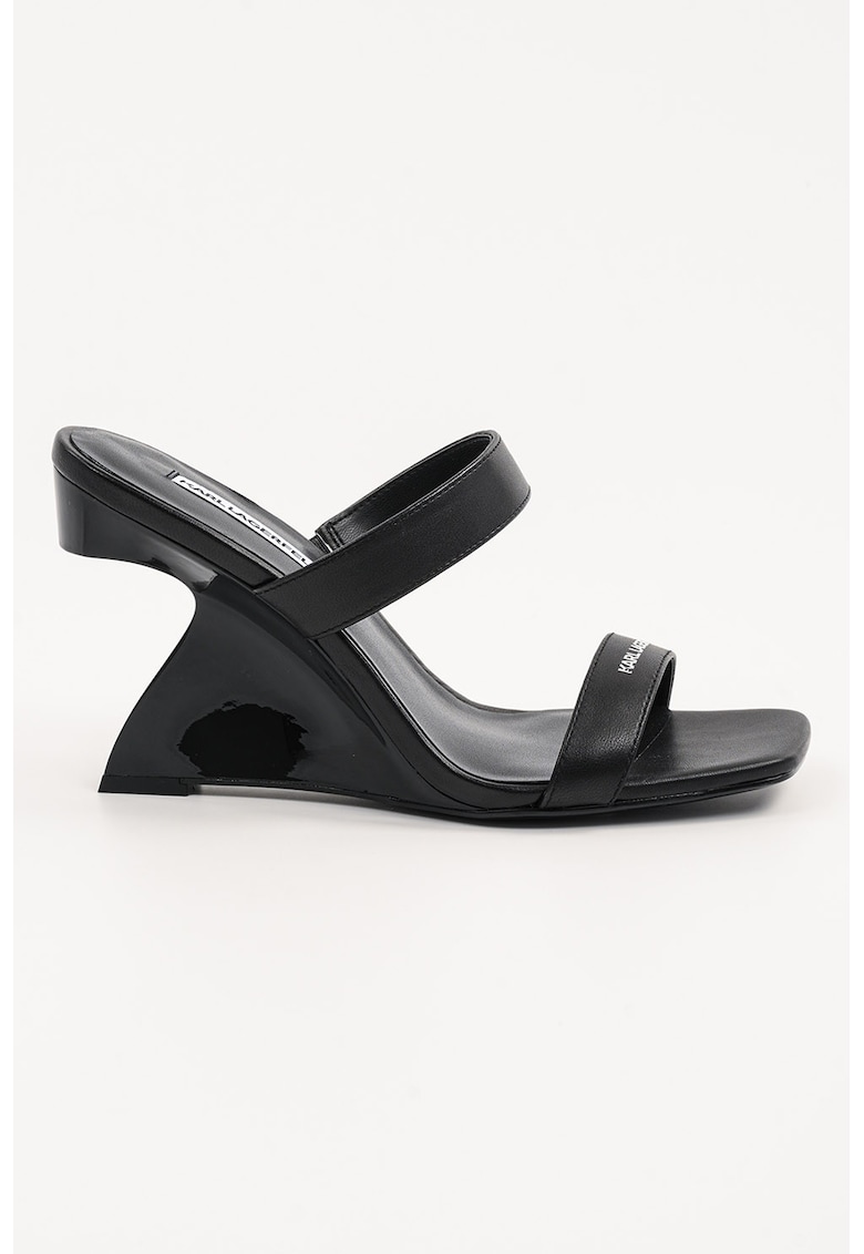 Papuci wedge din piele - Negru