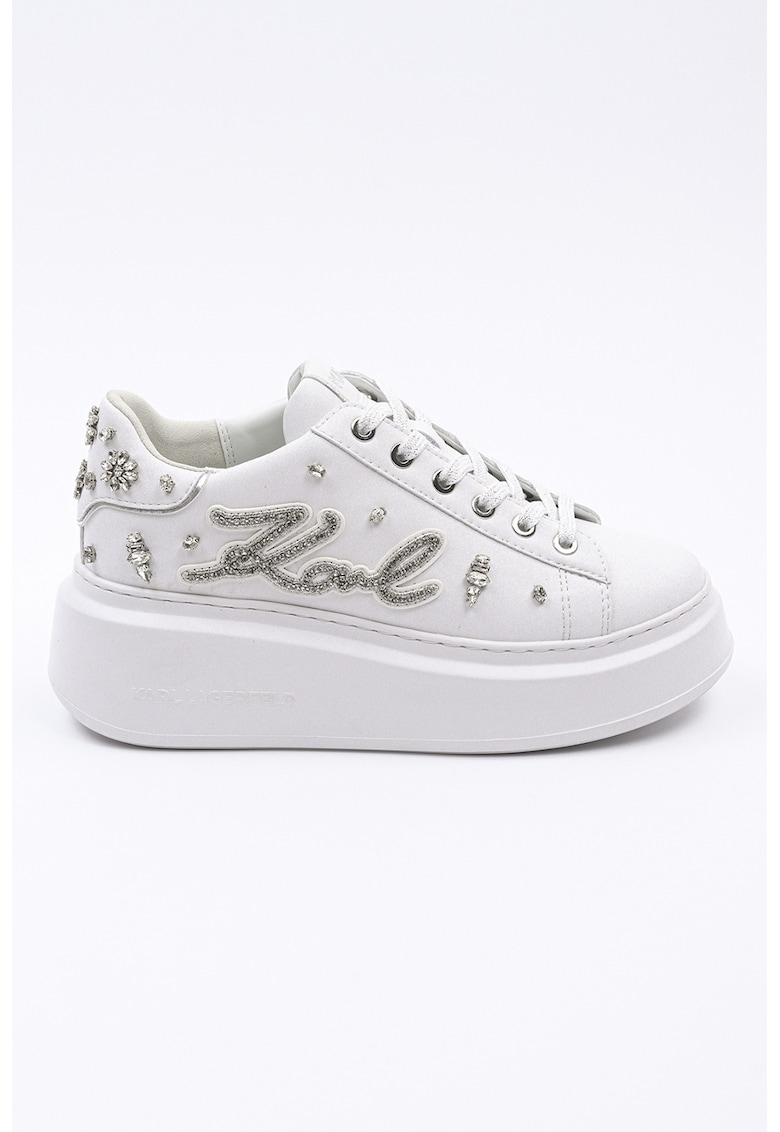 Pantofi sport wedge de piele cu strasuri - Alb/Argintiu