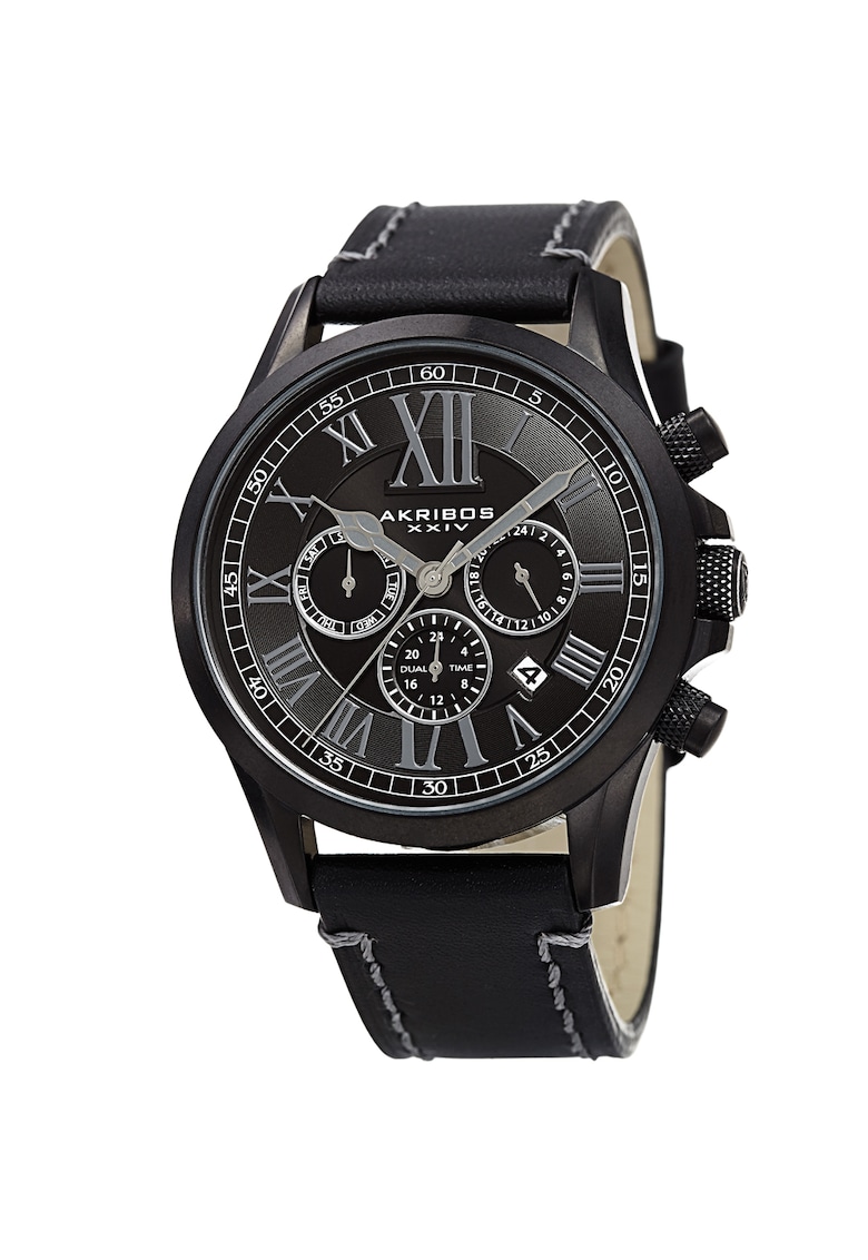 Ceas Dual Time cu o curea de piele AK897 -  AK908 - negru