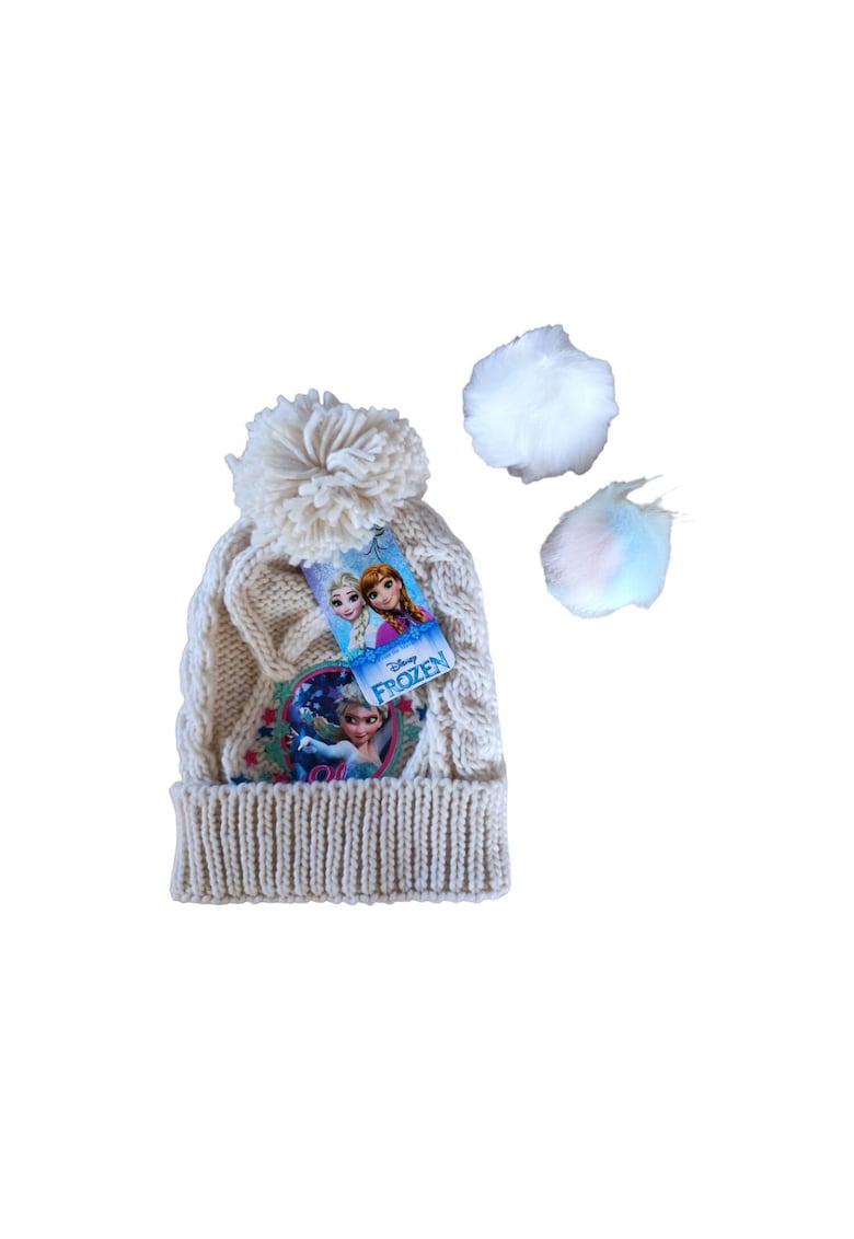 Caciula de iarna pentru fetite - Kraina Lodu - cu pompon - ecru - marime 52 - set cu trei pomponi