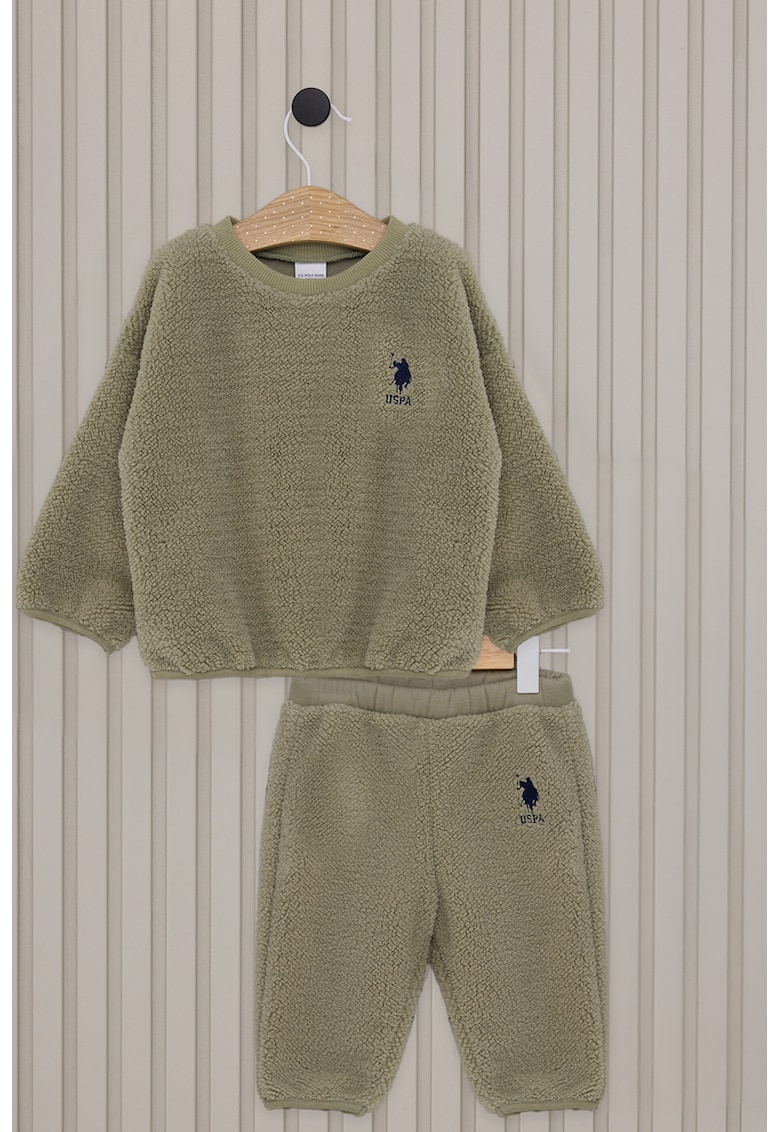 Set de pantaloni si bluza sport din material teddy cu detalii logo - 2 piese - Kaki