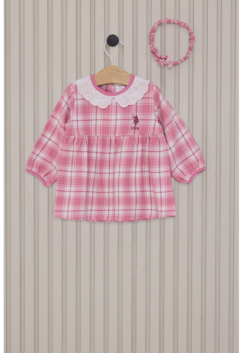 Rochie evazata cu model in carouri - Alb/Roz deschis