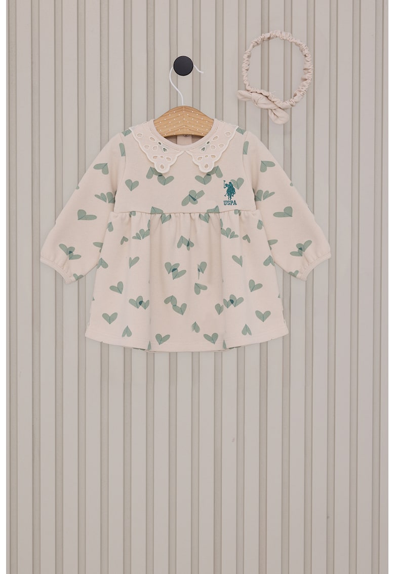 Rochie din amestec de bumbac si imprimeu cu inimi - Verde pal/Crem